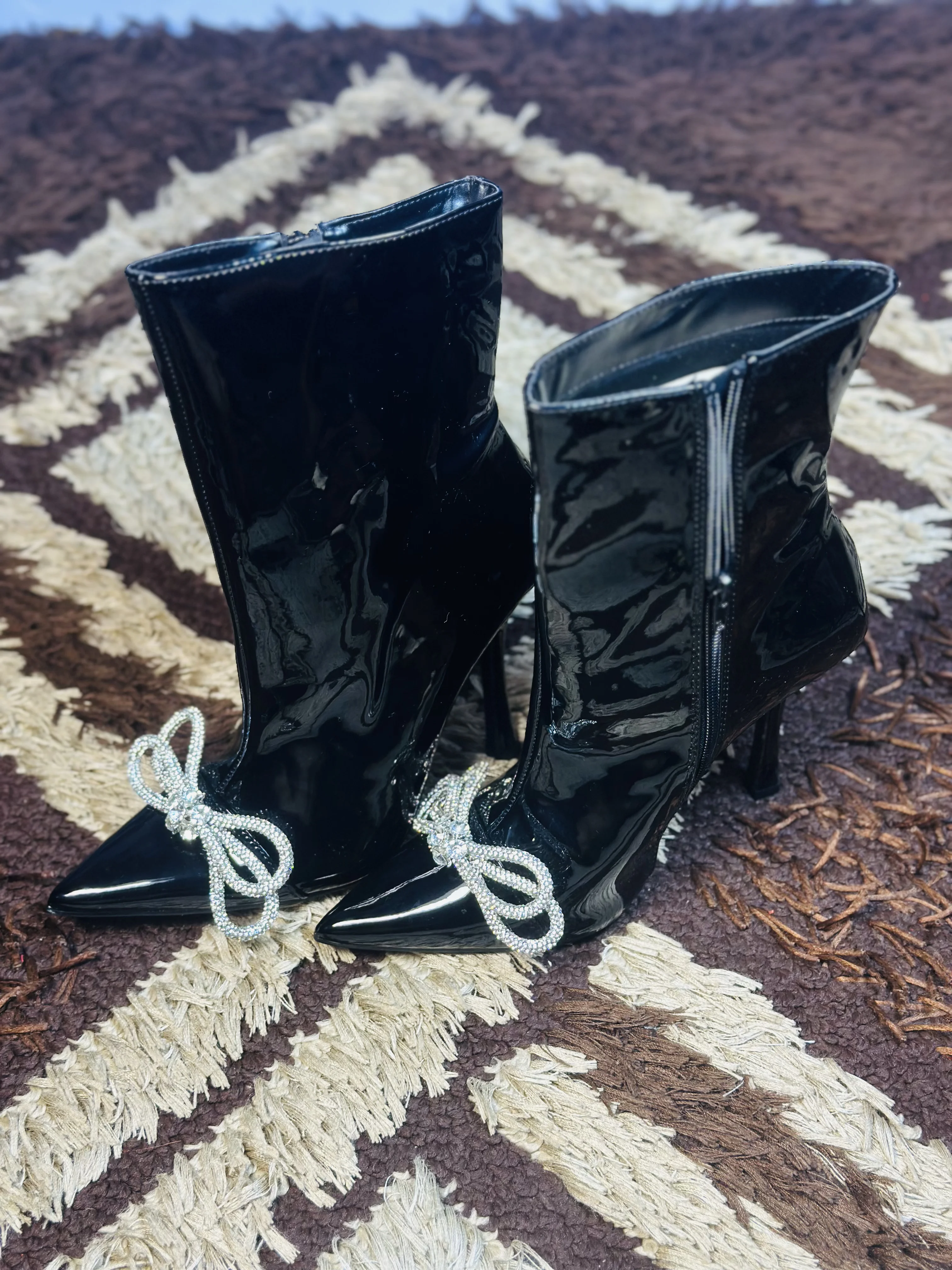 7 Black Patent Diamante Stiletto Ankle Boot