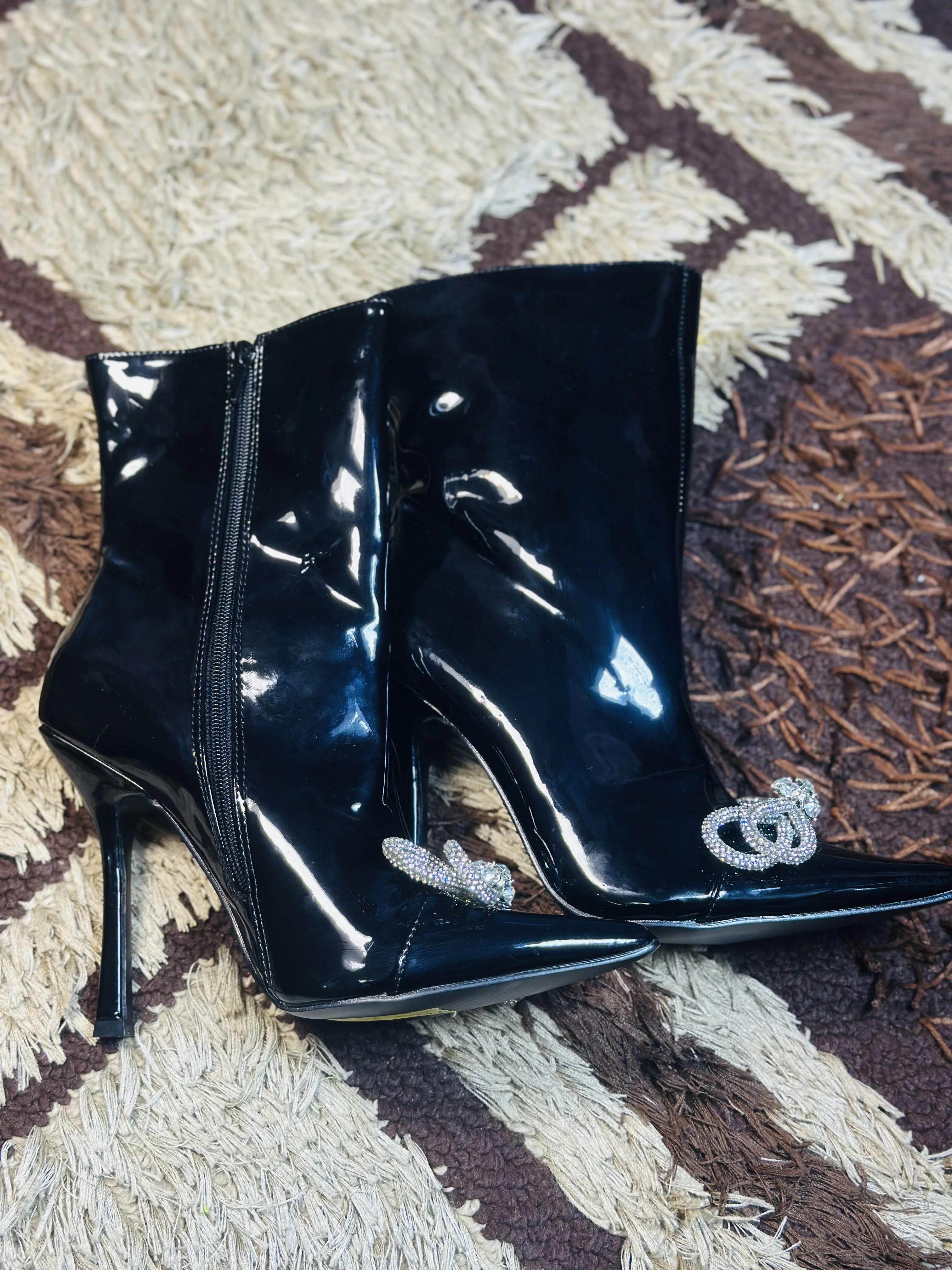 7 Black Patent Diamante Stiletto Ankle Boot