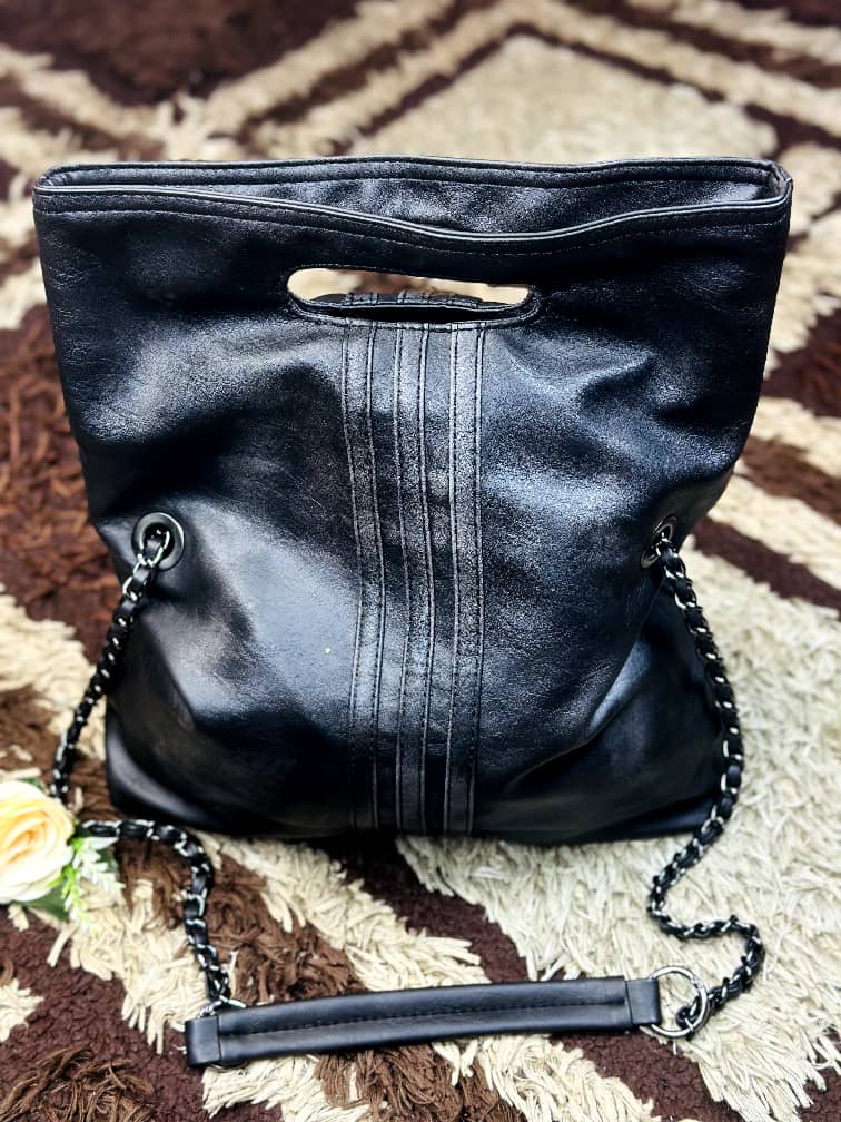 Black Faux Leather Tote Chain Strap Bag
