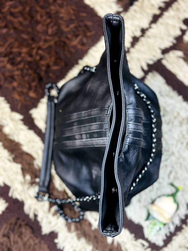 Black Faux Leather Tote Chain Strap Bag