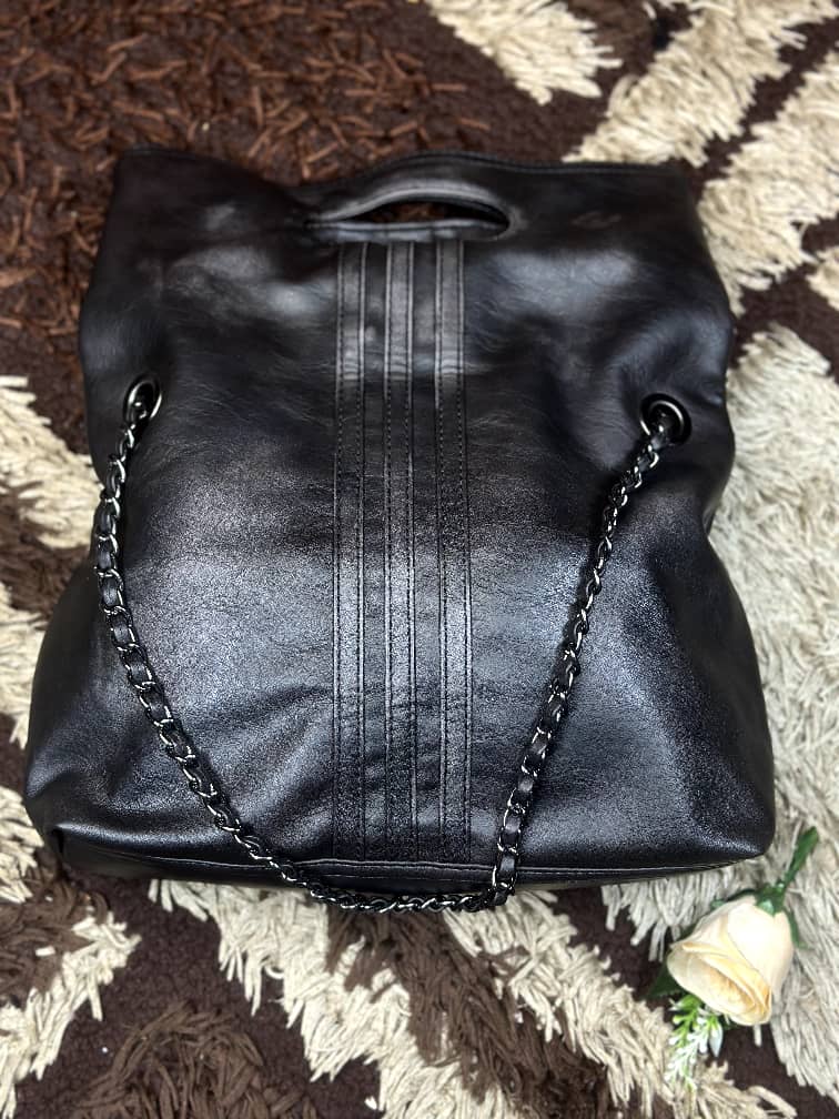 Black Faux Leather Tote Chain Strap Bag