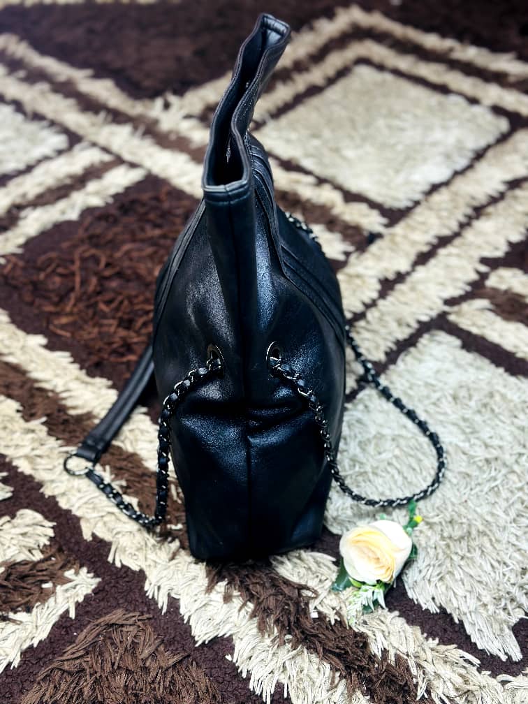Black Faux Leather Tote Chain Strap Bag