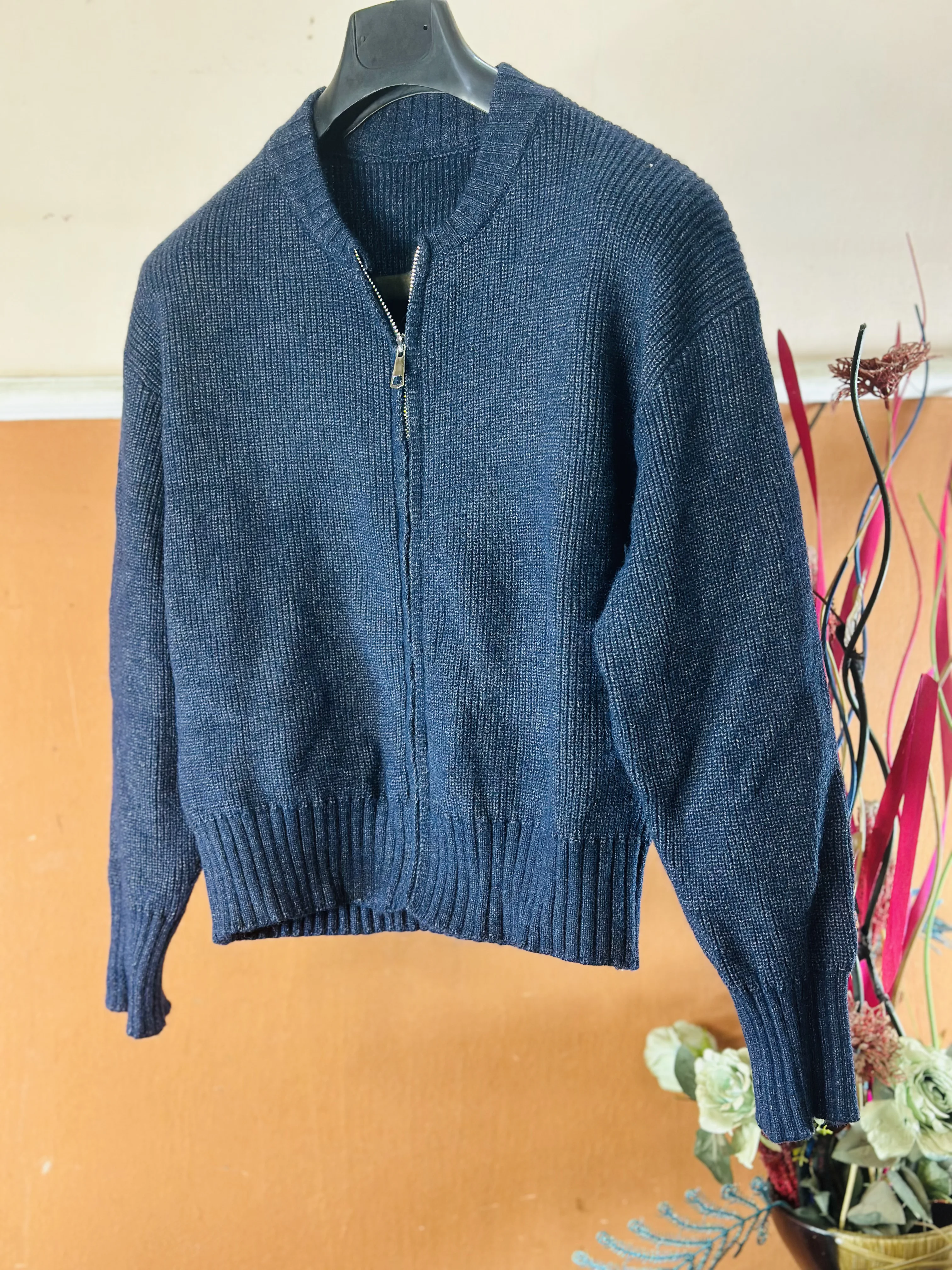 Navy Blue Full Zip Knit Cardigan Sweater